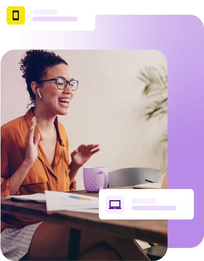 Smiling lady on a video call on a laptop