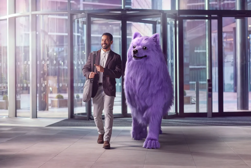 man walking with purple gamma dog