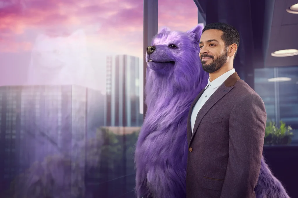 purple gamma dog with man