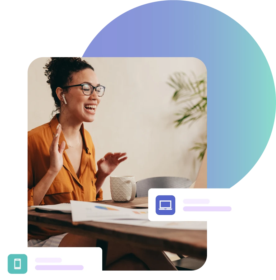 Smiling lady on a video call on a laptop