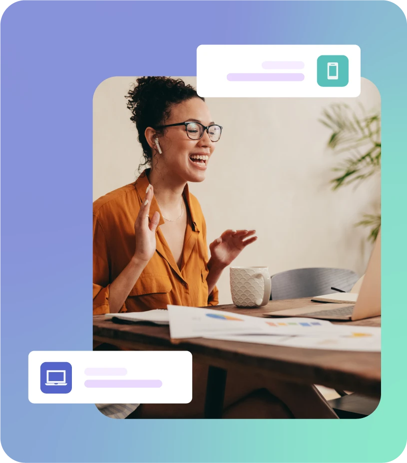 Smiling lady on a video call on a laptop