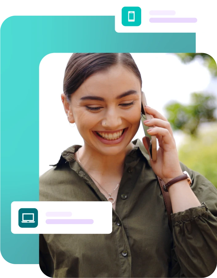 Lady walking outdoors on a call with a mobile phone smiling